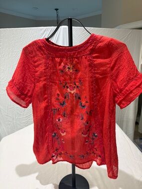 Umgee Red Floral Embroidered Short-Sleeve Blouse